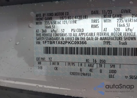 2023 Ford Transit-250 из США, поврежденный, VIN 1FTBR1X82PKC09366